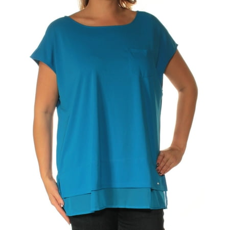 TOMMY HILFIGER $59 Womens New 1144 Blue Jewel Neck Short Sleeve Top 0X B+B