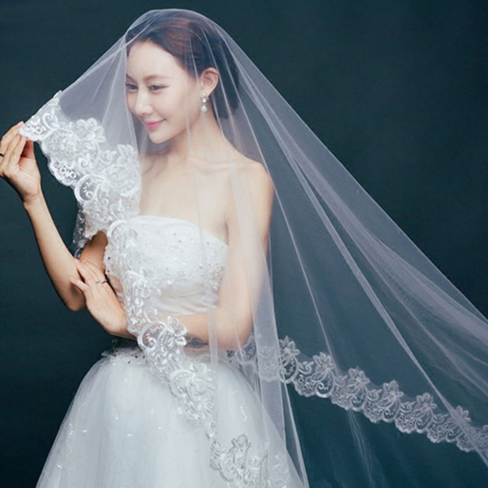 Wedding Bridal Veil 1 Tier Lace Applique Edge Fingertip  display picture 2