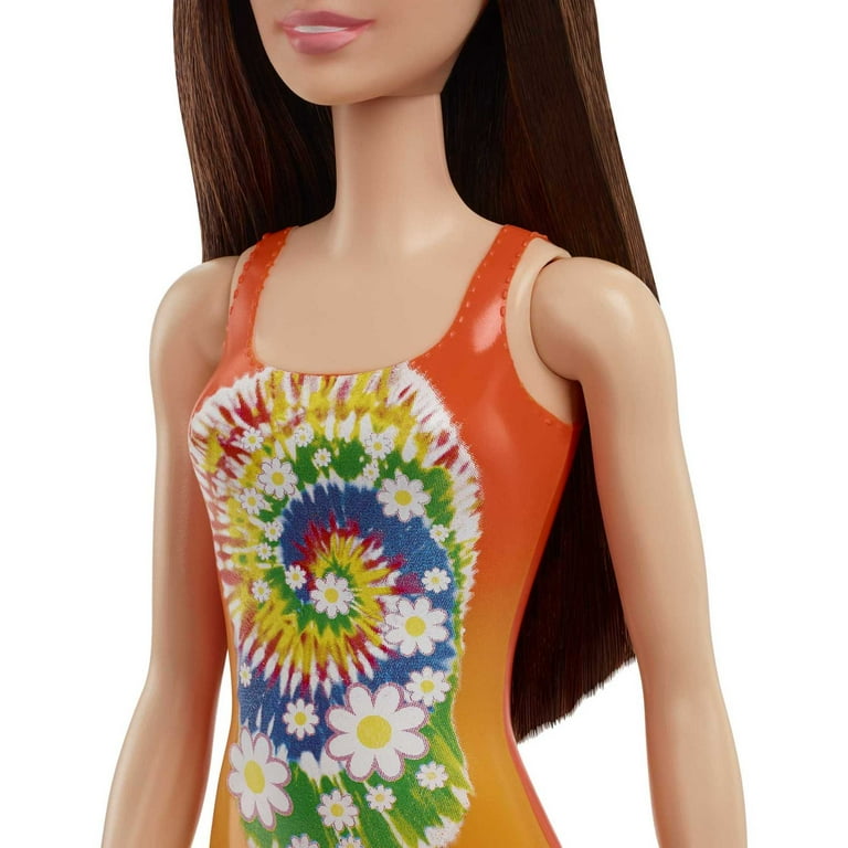 Barbie Bathing Beach Doll with Trendy Orange Tie-Dye Swimsuit