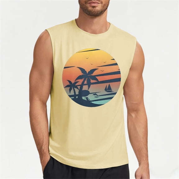 BUWTTED Mens Tank Top Summer Coconut Tree Graphic Gym Sleeveless T Shirt Regular Fit Round Neck Breathable Comfortable Beige Shirt L