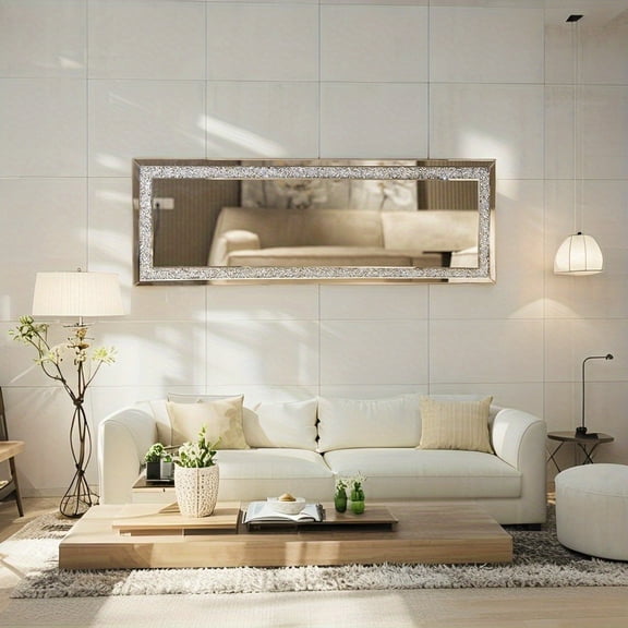Decorative Crushed Diamond Mirror Rectangular Silver Wall Decor 48x16 inch