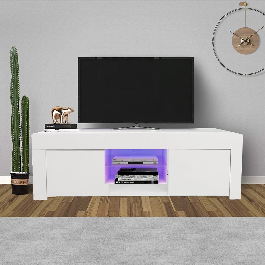 High Gloss TV with Blue LED Light, Modern White Glossy TV Stand