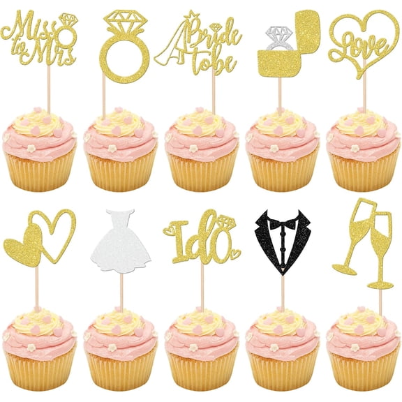 Glitter Wedding Cupcake Toppers, Gold, 10 Pack, Bride to Be, I Do, Love Heart, Ring, Miss to Mrs Picks for Bridal Shower, Engagement Party
