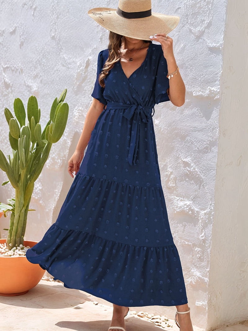 Boho Dot Summer Maxi Dresses for Women Wrap V Neck Short Sleeve Long Flowy Church Wedding Guest Dress Blue XXL