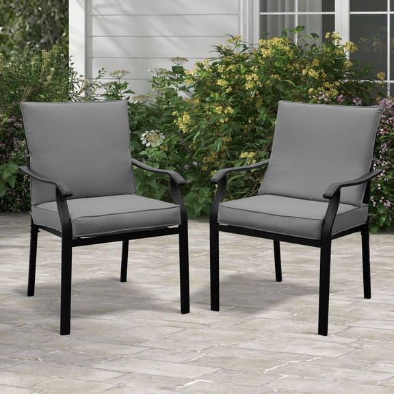 2 Pieces Patio Dining Chairs, Outdoor Metal Chairs with Armrests & Cushion, Metal Frame Stackable Patio Dining Chairs, Wrought Iron Outdoor Chairs for Garden, Balcony, Deck (2 Pieces, Gray Cushion)