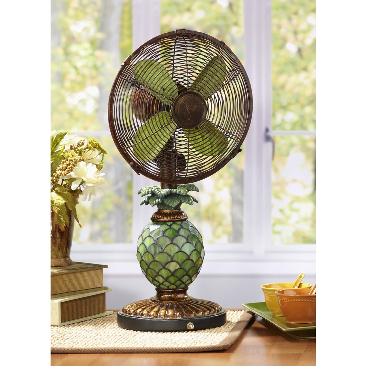 Global Product Resources Table Fan/Lamp - Mosaic Glass Pineapple