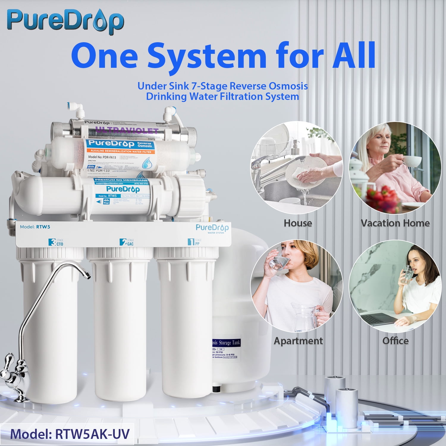 PureDrop RTW5AK-UV Reverse Osmosis RO Drinking Water Filtration System with Alkaline Remineralization & UV Filter, RO Water Filter System Under Sink, 7 Stage Under Sink RO Water Filter with Faucet