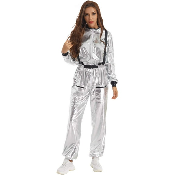 Aislor Women's Astronaut Costume Metallic Shiny Zipper Jumpsuit Halloween Dress Up Party Silver S