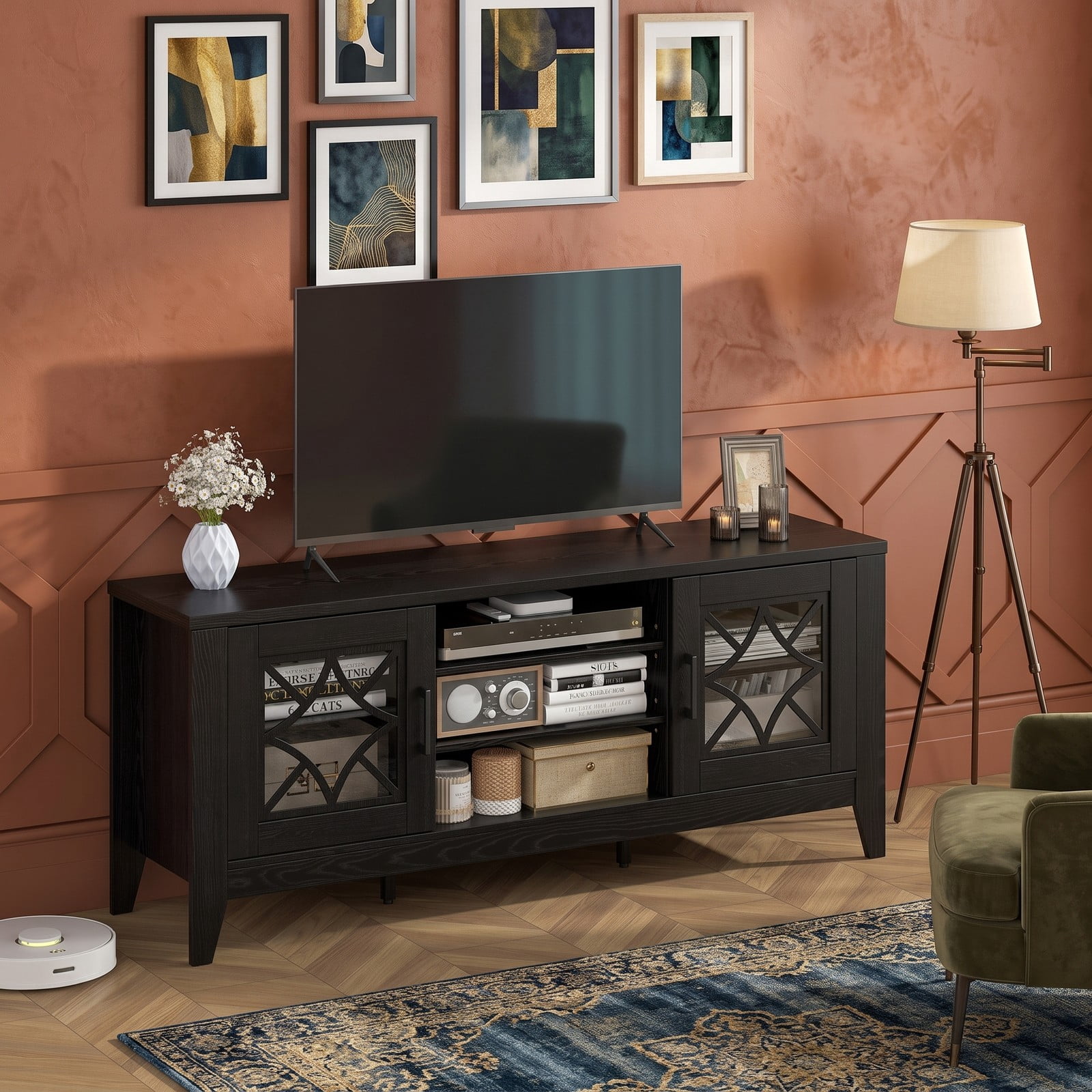 Furnibear Farmhouse TV Stand for TVs Up to 65 Inches, Entertainment Center with 4 Adjustable Shelves, Glass Door Cabinets and Cable Management, Media Console, Black