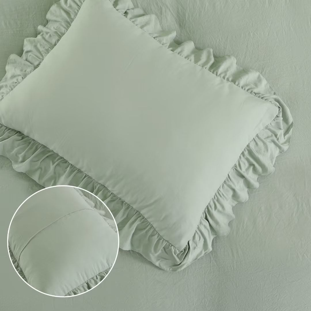 Yiwa 90x90 in Ruffle Duvet Cover Queen Size Soft Washed Microfiber Vintage French Country Duvet Cover Set for Queen Bed, Set of 3, Sage Green