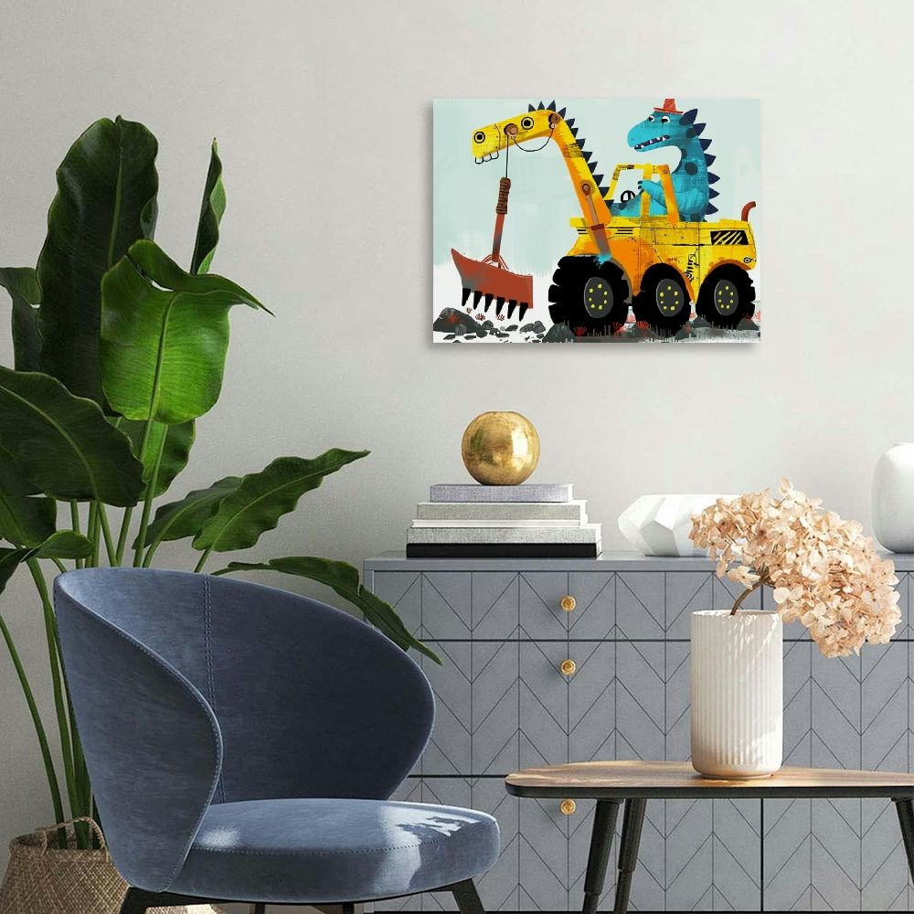 Nawypu Funny Colorful Cute Dinosaur Truck Inspirational Quotes Art Print Humorous Quotes Painting, Dinosaur Wall Art Canvas Poster for Boy Room Nursery Classroom Playroom Decor, No