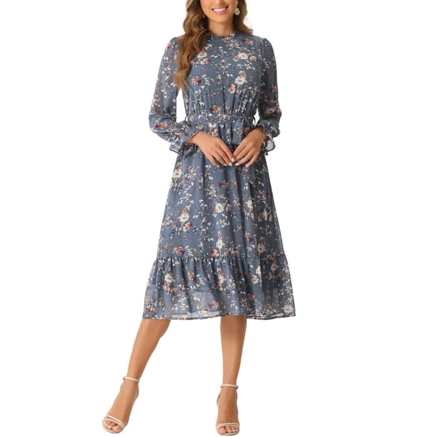 Vestido de mujer Inspire Chic con cuello simulado, volantes, mangas largas, fluido, de gasa, corte A, midi, gris azul L