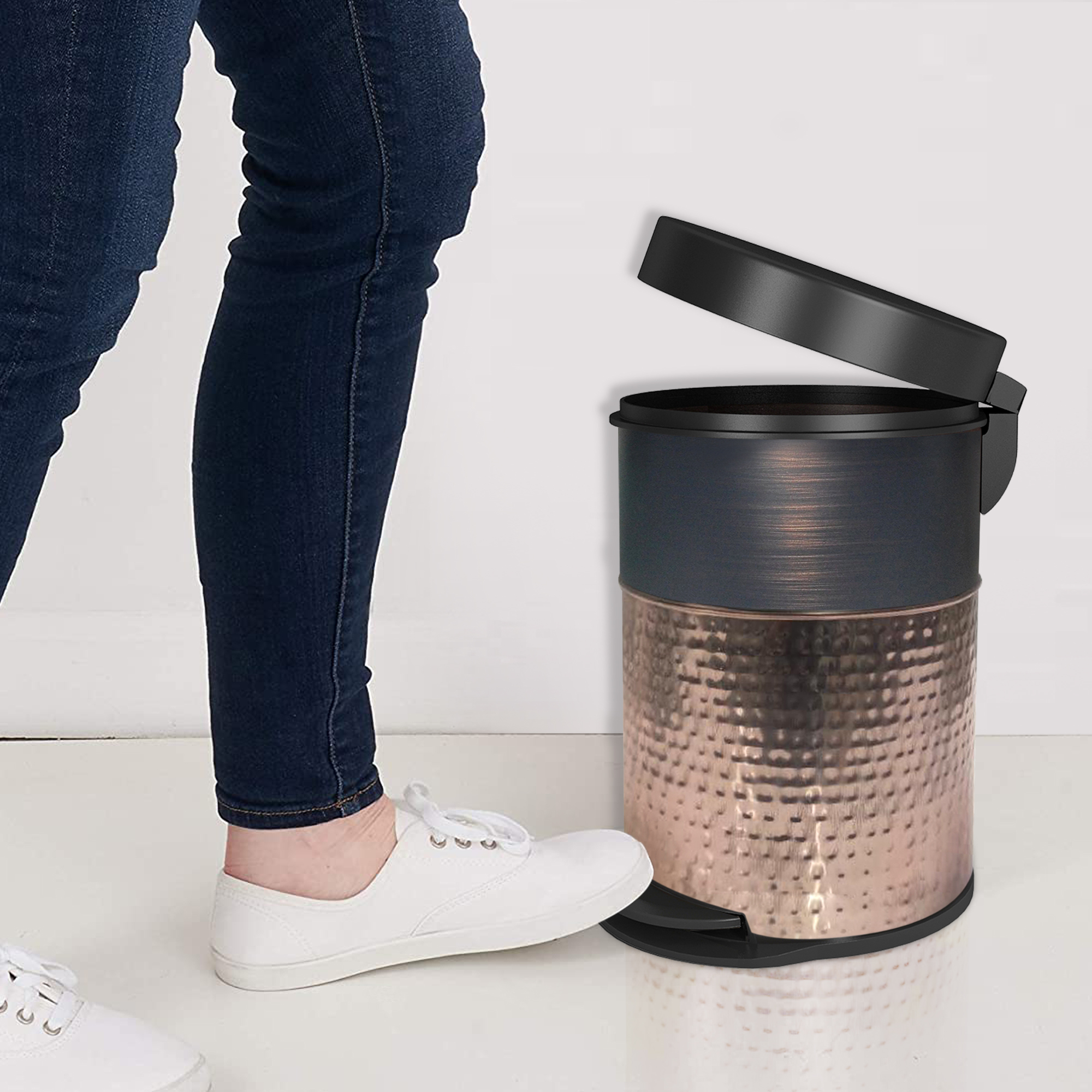 nu steel 5 Liter Round Small Metal Step Trash Can Wastebasket, Garbage Container Bin - for Bathroom, Powder Room, Bedroom, Kitchen, Craft Room, Office - Removable Liner Bucket - Copper/ORB- STP-05
