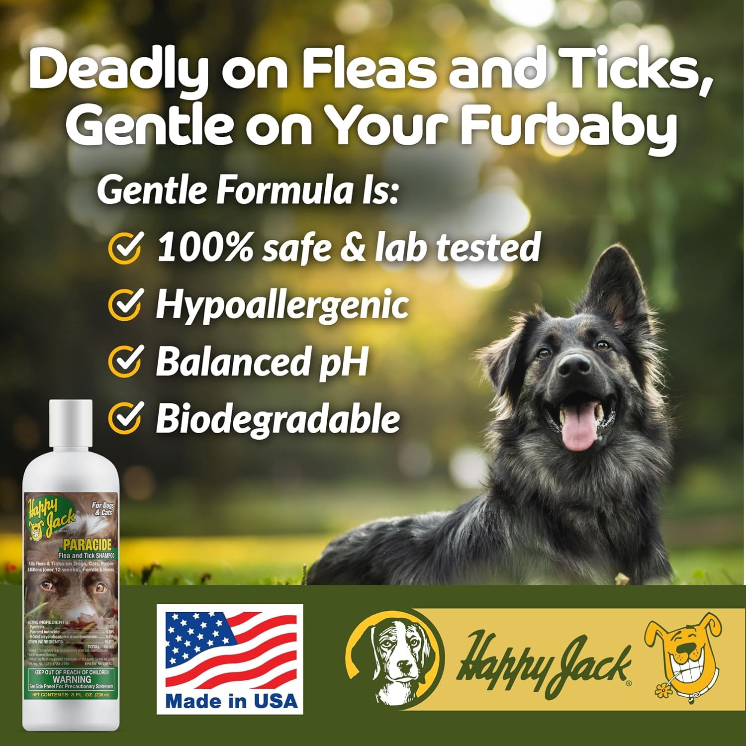 Happy Jack Paracide Flea and Tick Shampoo for Dogs, Cats, Ferrets and Horses, 8 oz
