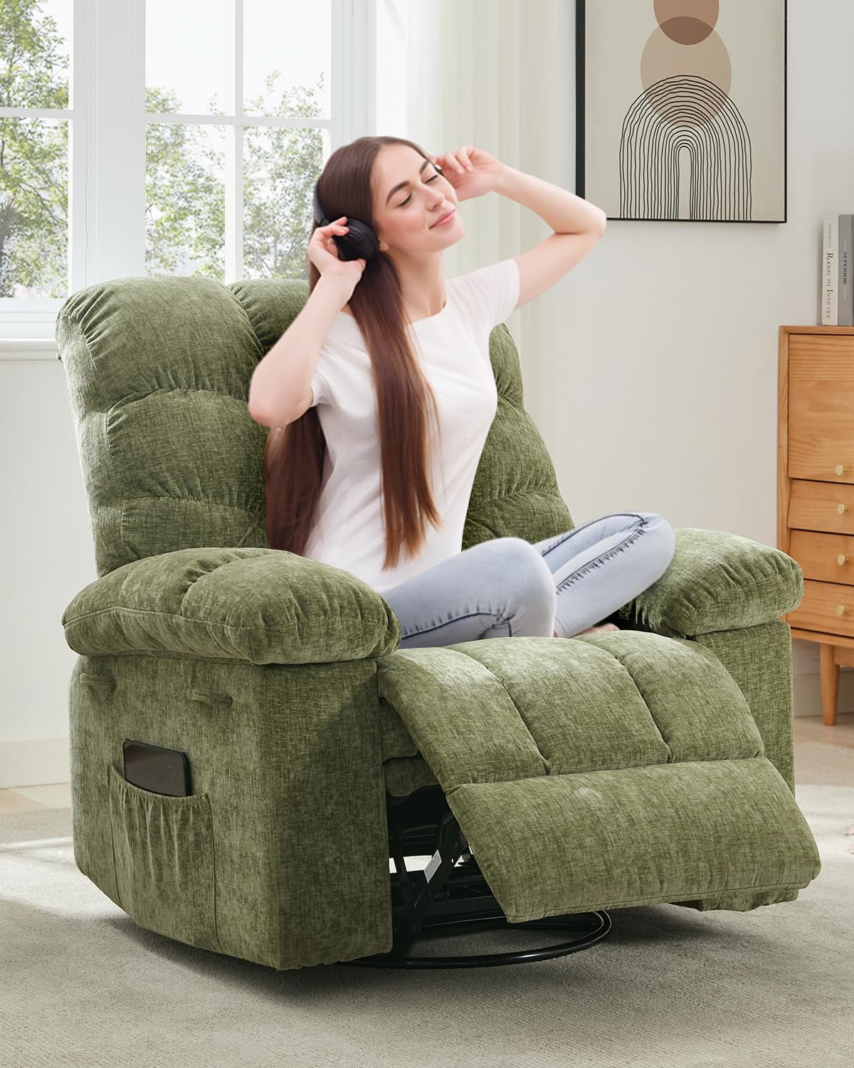 Swivel Rocking Recliner Chair, 360° Swivel 135° Tilt Glider Nursery Chair with Extra Large Footrest, Chenille Upholstery Q235 Steel Frame High Back Deep Seat for Living Room Bedroom Small Spaces