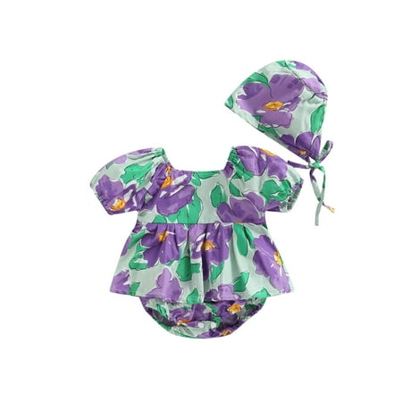 

Seyurigaoka 2 Pcs Infant Baby Girls Summer Rompers Dress Floral Print Square Neck Short Sleeve Tutu Jumpsuits Casual Bodysuits with Hat