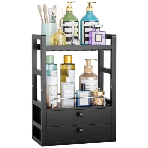 BathWay Bamboo Bathroom Countertop Organizer, 2-Tier Makeup Organizer with 2 Drawers, Vanity Organizer Storage Coffee Matcha Station, Compact Shelf for Bathroom Kitchen Office, Black