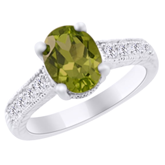AFFY (2 cttw) Simulated Green Peridot & White Natural Diamond Antique Style Engagement Ring In 14k White Gold With Ring Size 4