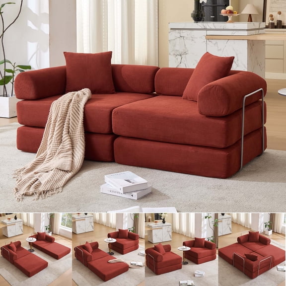 Firscook 73" Modular Convertible Sofa Bed, 4-Piece Folding Couch with Removable Armrests, Corduroy Sleeper Sofa for Small Spaces, No Assembly,Red