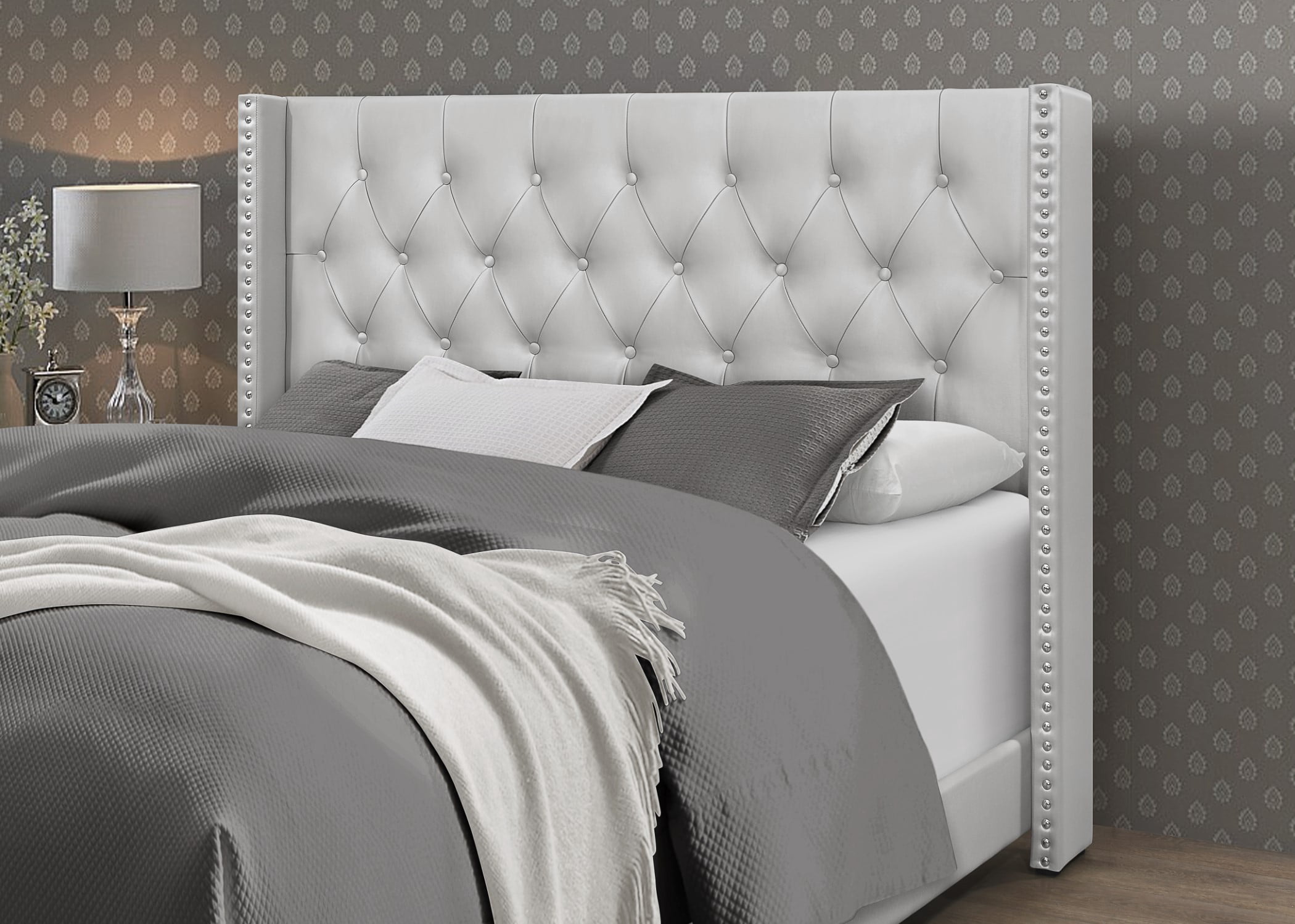Home Design Brady Full Tufted Wingback Upholstered Panel Bed Frame, Silver Faux Leather
