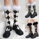 thumbnail image 3 of Calcetines hasta la rodilla YONGSHENG con adorno de plumas peludas para mujer estilo universitario Argyle, 3 of 5
