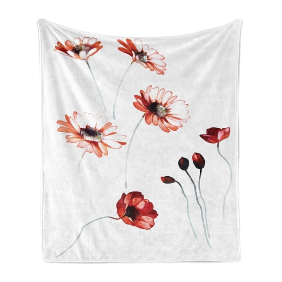 Watercolor Flower Soft Flannel Fleece Blanket, Flower in Watercolor Painting Style Romantic Dramatic Nature Elements, Cozy Plush for Indoor and Outdoor Use, 50" x 60", Orange White, by Ambesonne