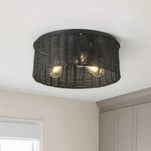 3-Light Modern Rattan Chandelier, Black Industrial Lighting Fixture, Farmhouse Semi Flush Mount Ceiling Light for Living Room Bedroom kitchen