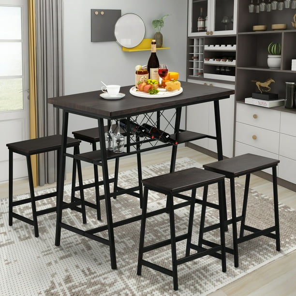 5 Piece Kitchen Bar Table Set Industrial Metal Counter Height Dining Table Set With 4 Stool