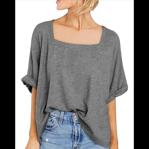 Camiseta Holgada Informal de Verano para Mujer, de Corta, Básica, para Entrenamiento y Gimnasio. Gris M
