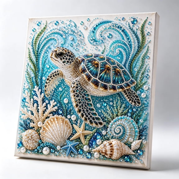 Ocean Theme Pearl Art DIY Kit DIY Pearl Painting Kit Ocean 3D Diamond Painting Craft for Adults Beginners Sparkling Coastal Wall Decor with Pearls Rhinestones (Sea Turtle)