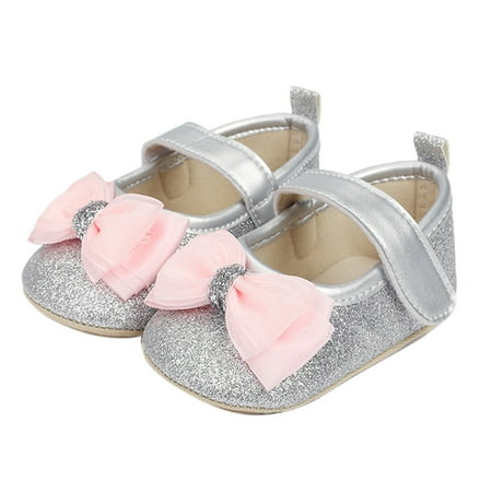 

Girls Single Shoes Bowknot Paillette First Walkers Shoes Toddler Sandals Princess Shoes Silver 6 Months-12 Months