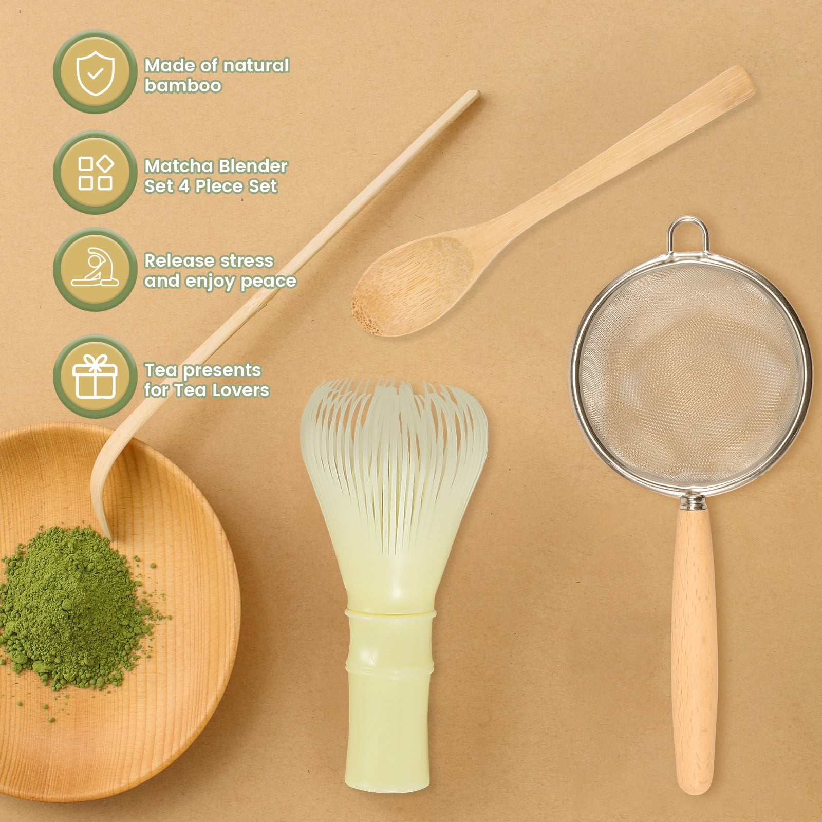 Kit Fouet à Thé Matcha - Inclut Fouet, Cuillères, Passoire, Pour Préparation Traditionnelle