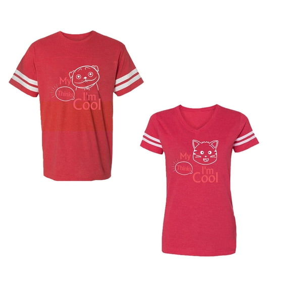My Dog Cat Think I am Cool Unisex Couple Matching Cotton Jersey style T-Shirt Contrasting stripes on sleeves (Men Red / Women Red) (Men S / Women XL)