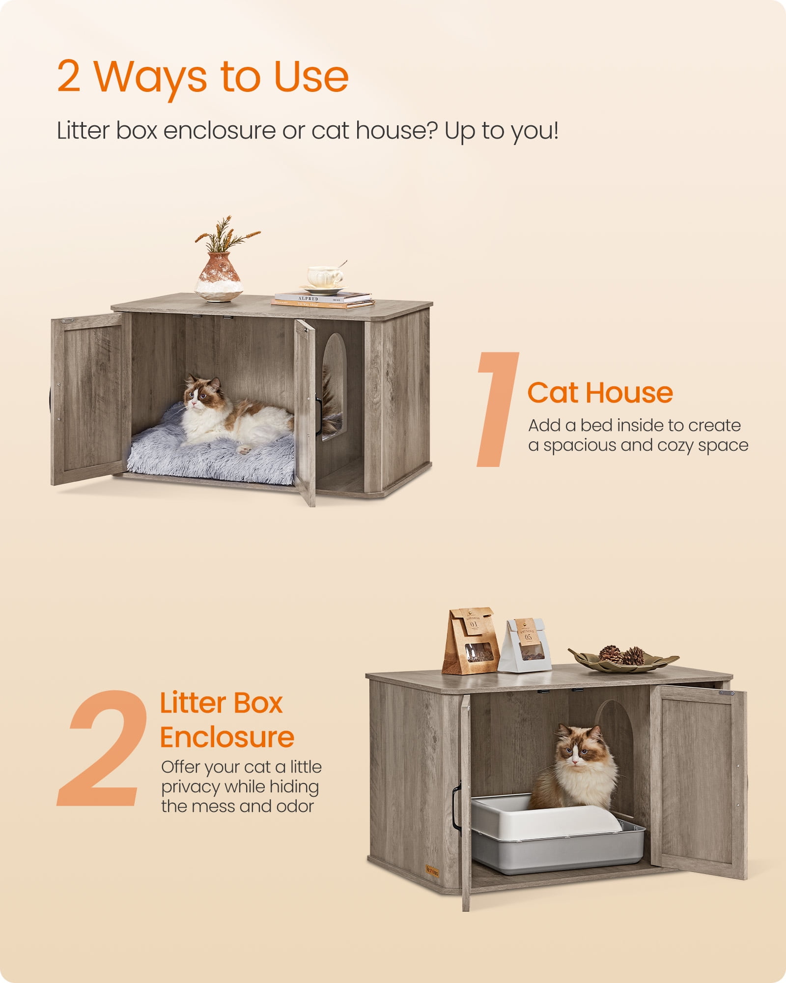 Litter Box Enclosure, Modern Cat Litter Box Furniture Hidden, with Front Entry, Double Doors, Handles, Cat House, Side End Table, 33.5 x 19 x 19.5 Inches, Heather Greige