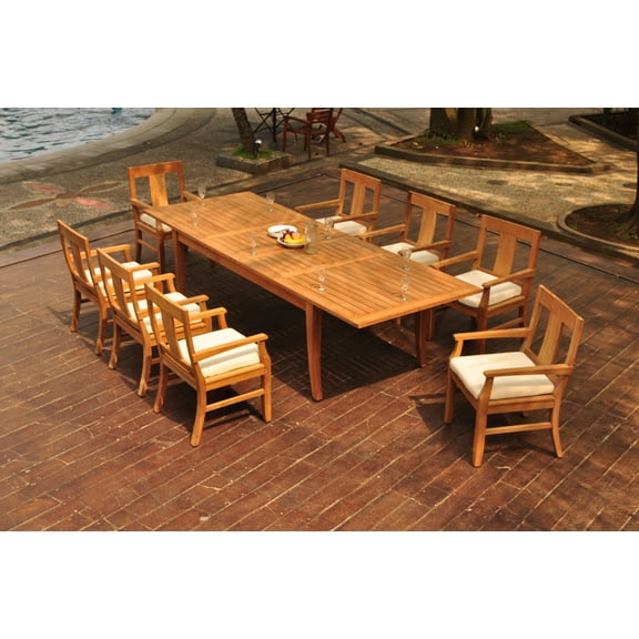 Grade-A Teak Dining Set: 8 Seater 9 Pc: 122" Atnas Double Extension Rectangle Table And 8 Osborne Arm Chairs Outdoor Patio WholesaleTeak #WMDSWVm