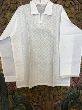 Mogul Women Bohemian Pure Cotton Hand Embroidered White Tunic Blouse Ethnic Style Summer Fashion Kurti Dress M