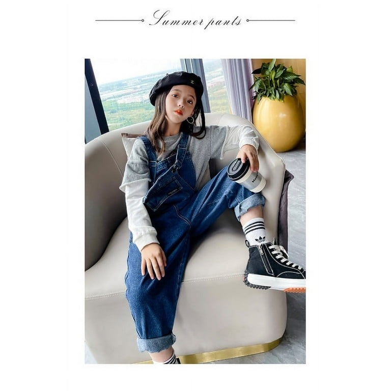 オールインワン・サロペット RONRON OVERALLS DENIM PANTS MEDIUM BLUE RR24APT3527MB Rolanko Girls Overalls Denim Bib Distressed Jumpsuit Kids