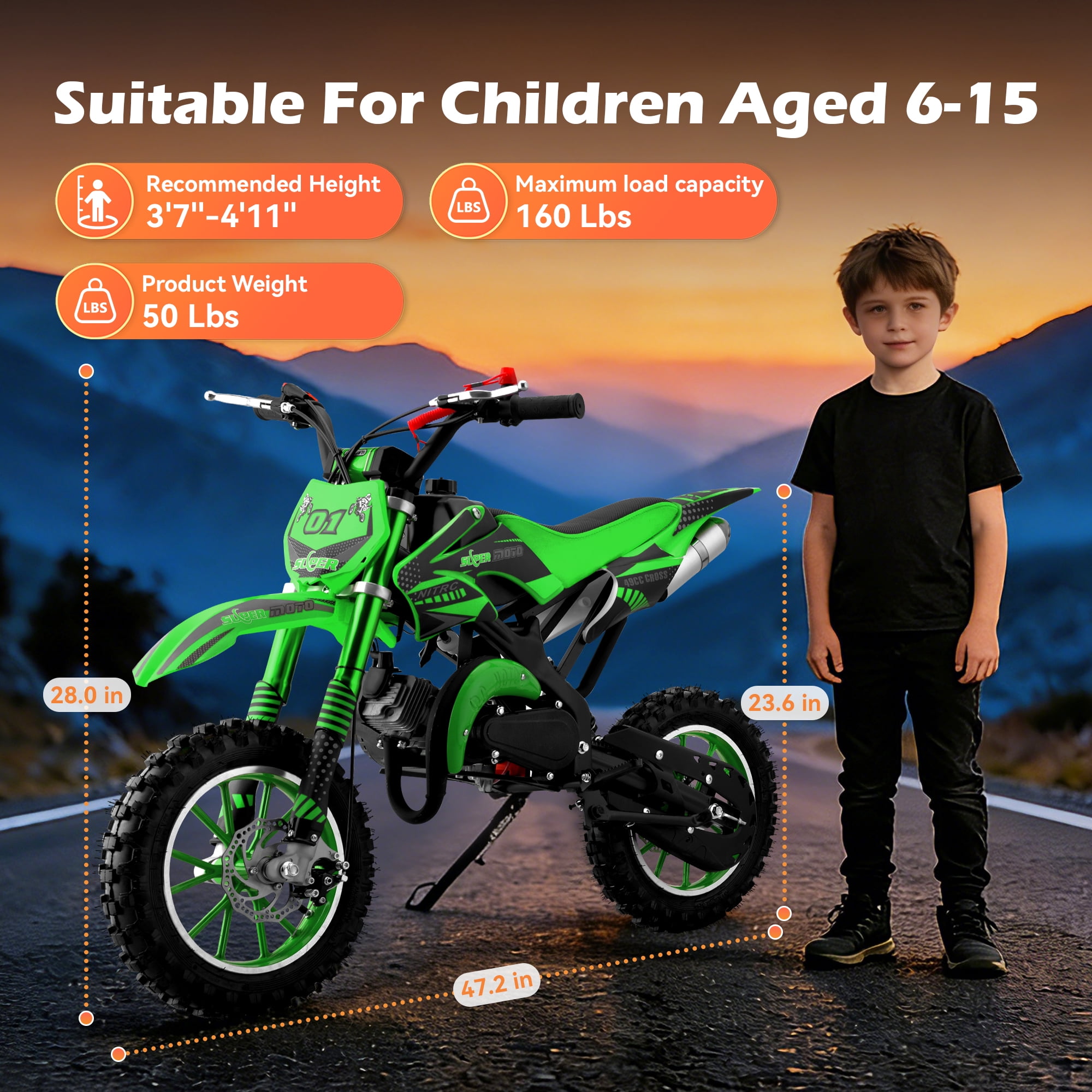 Gpower 49cc Dirt Bike for Kids 6-15,2-Stroke Gas Powered Mini Dirt Bike,1.5L Fuel Capacity,1-Seater,Green