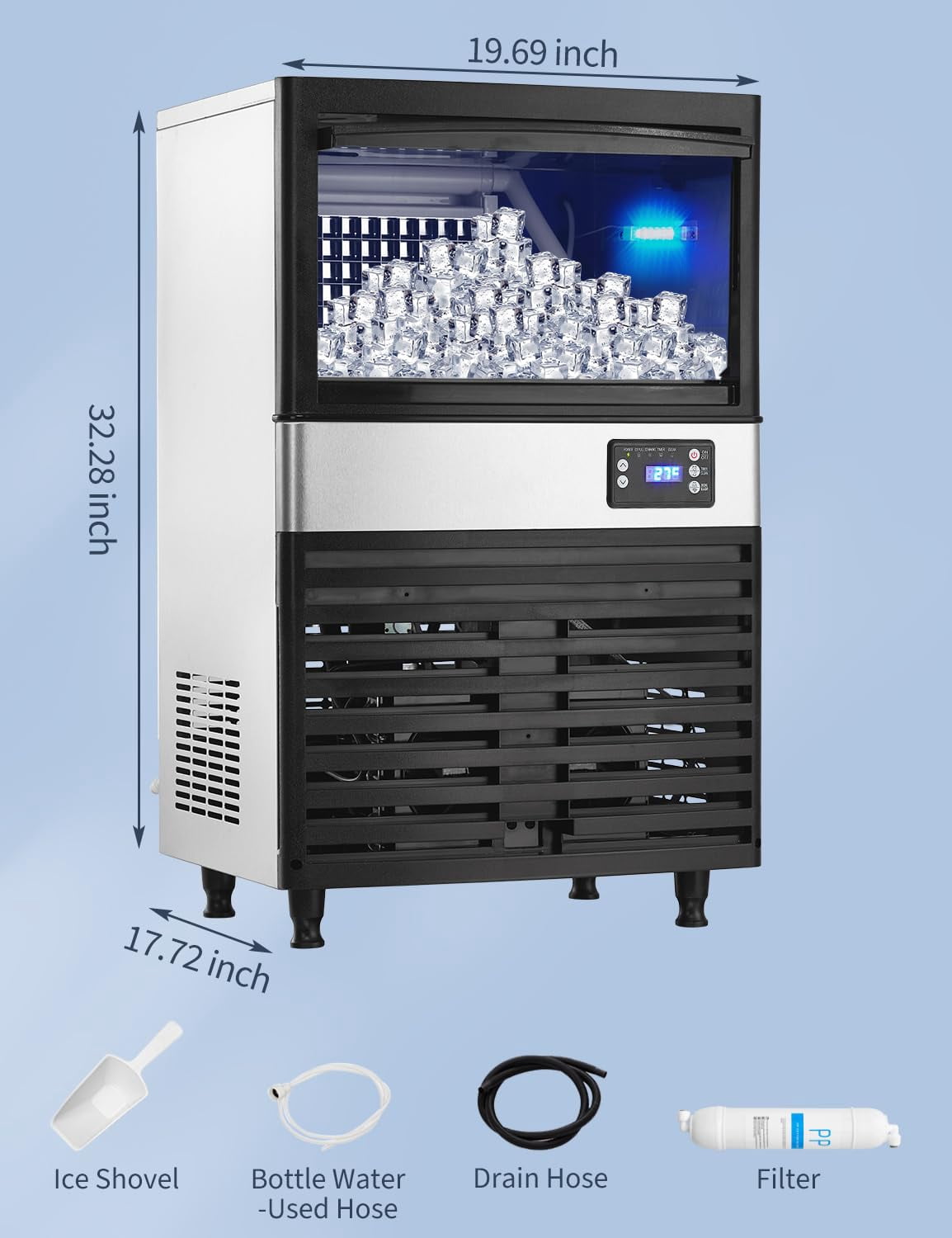 Commercial Ice Maker Machine, 130lbs/24H, 30 Lbs Ice Storage Bin, Fast Making Ice in 5-15 Mins, Auto-Clean, Timer Function, Freestanding or Undercounter for Restaurant,Coffee Shop, Food Truck and Bar