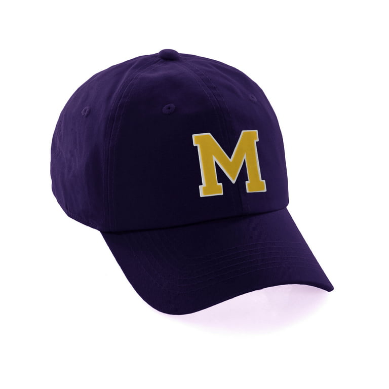 Hat Gold Intial to Z White Letter Cap M Letter Customized Team Colors, Purple Baseball A