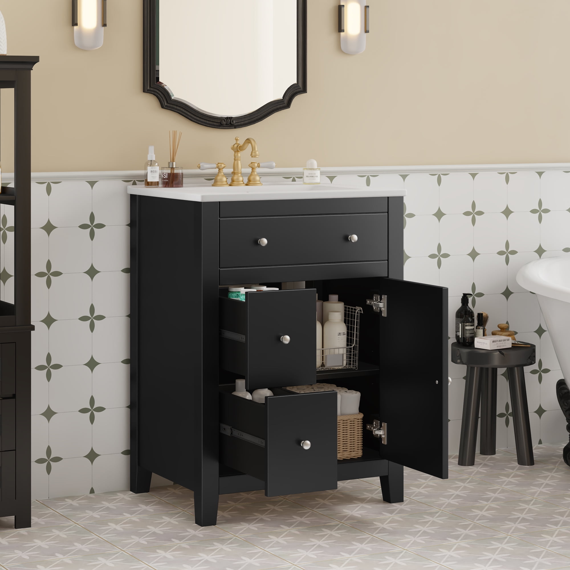 Harper & Bright Designs 24" Small Bathroom Vanity Set, Modern Bathroom Cabinet Freestanding with Drawers, Single Sink Bathroom Vanity, Black