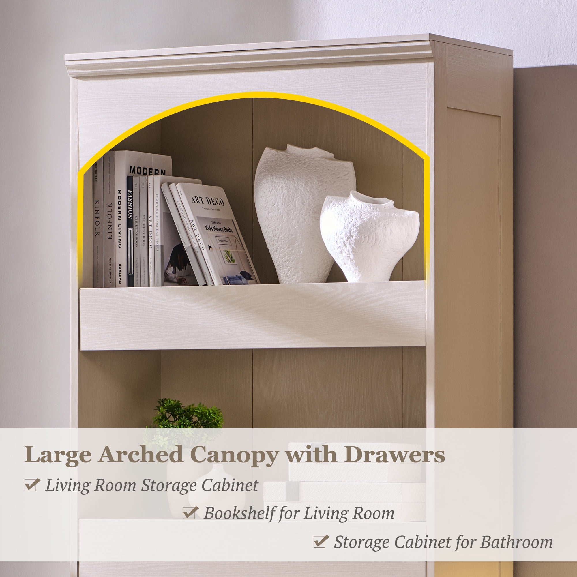 SinCiDo 76" Tall Arched Bookcase, 4-Tier Large Bookshelf w/1PC Magnetic Lock Drawer, Wooden Book Shelf w/3 Pull-Out Drawers, for Living Room, Office