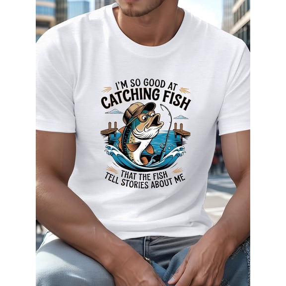 I‘m So Good At Catching Fish That Fish Tell Stories About Me Graphic Tee for Men Women, Funny Old Timer Angler Short Sleeve T-Shirt, Casual Fishing Crew Neck Top for Fisherman Gift