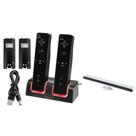 Insten BLACK 2-PORT CHARGER STATION STAND + 2-PACK BATTERY + WIRELESS SENSOR BAR FOR NINTENDO WII / WII U REMOTE CONTROL