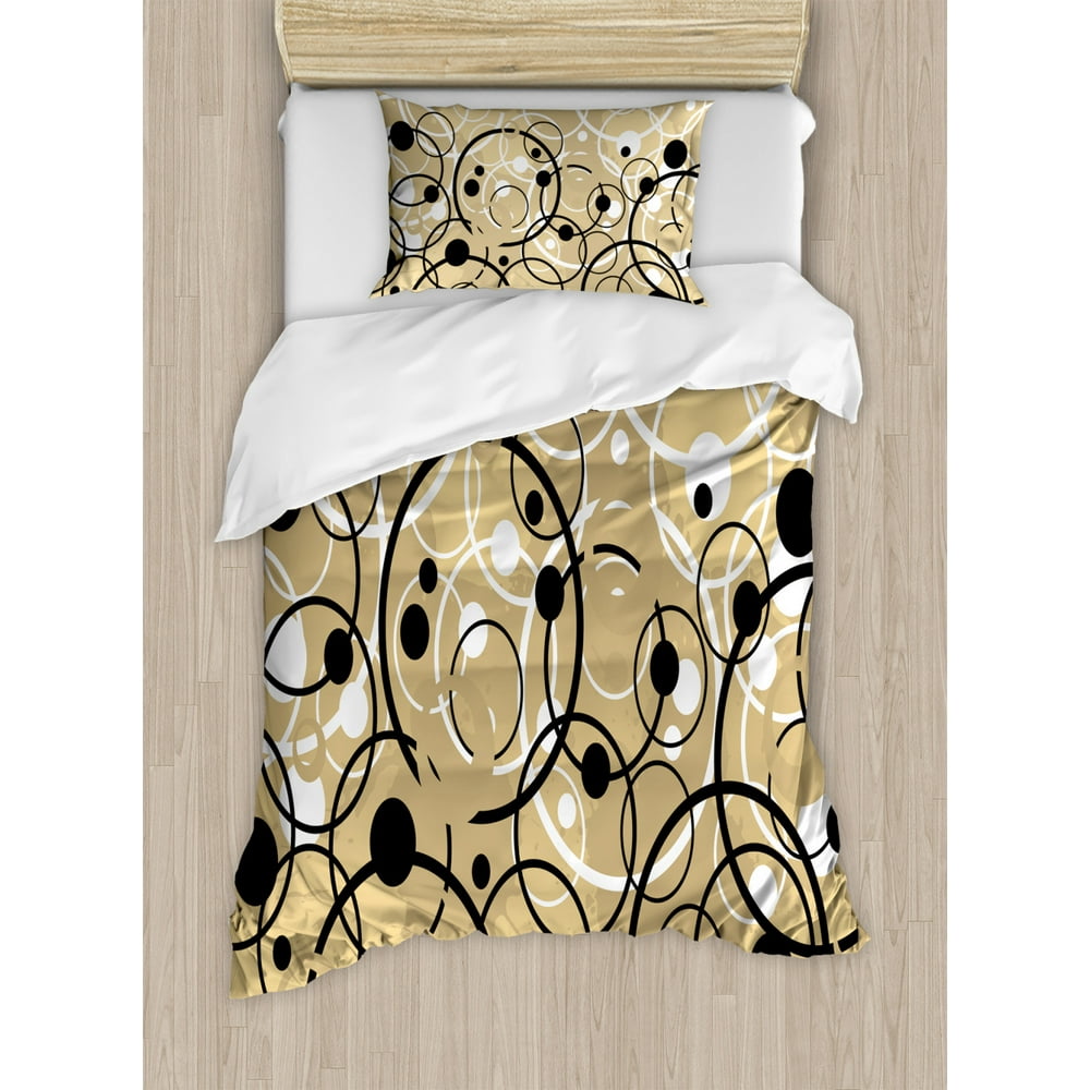 Tan Duvet Cover Set, Funky Grungy Composition with Circles and Dots Retro Artistic Imaginative