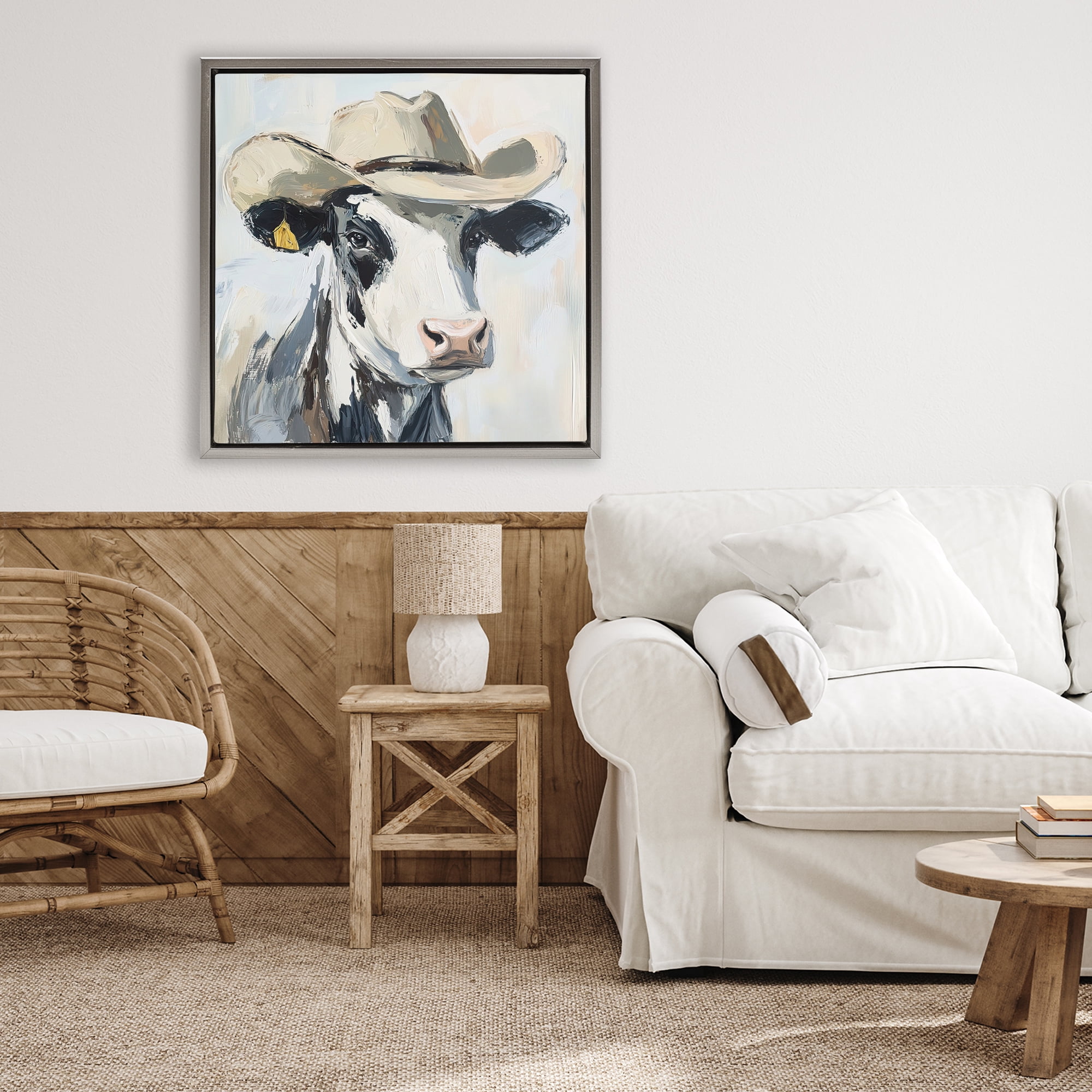 Stupell Industries Cowboy Carl Cow Gray Framed Floater Canvas Wall Art, design by Tina LeCour