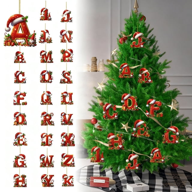 Adorno Colgante para Árbol de Navidad con 26 Letras | Decoración Navideña Acrílica para Hacer Tú Mismo | Diseño de Gorro de Papá Noel | 8 Cm | 1 Unidad