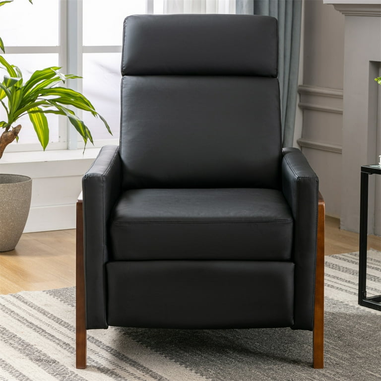Modern Recliner Chair with Retractable Foot Rest PU Leather Home Theater Seating with Adjustable Backrest Wood Framed Living Room Recliner Single Sofa Lounge Chair with Solid Wood Legs Black Walmart.c...