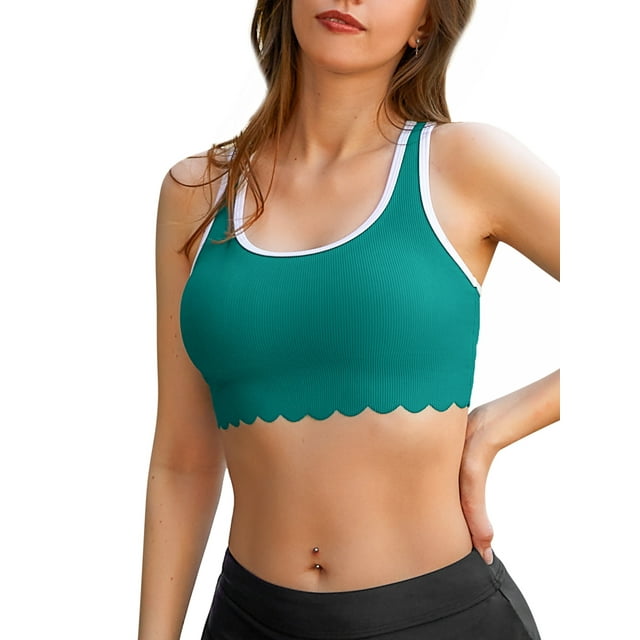 Charmo Scallop Scoop Neck Bikini Tops for Womens Ribbed Swim Tops Racerback Athletic Swimsuit Top