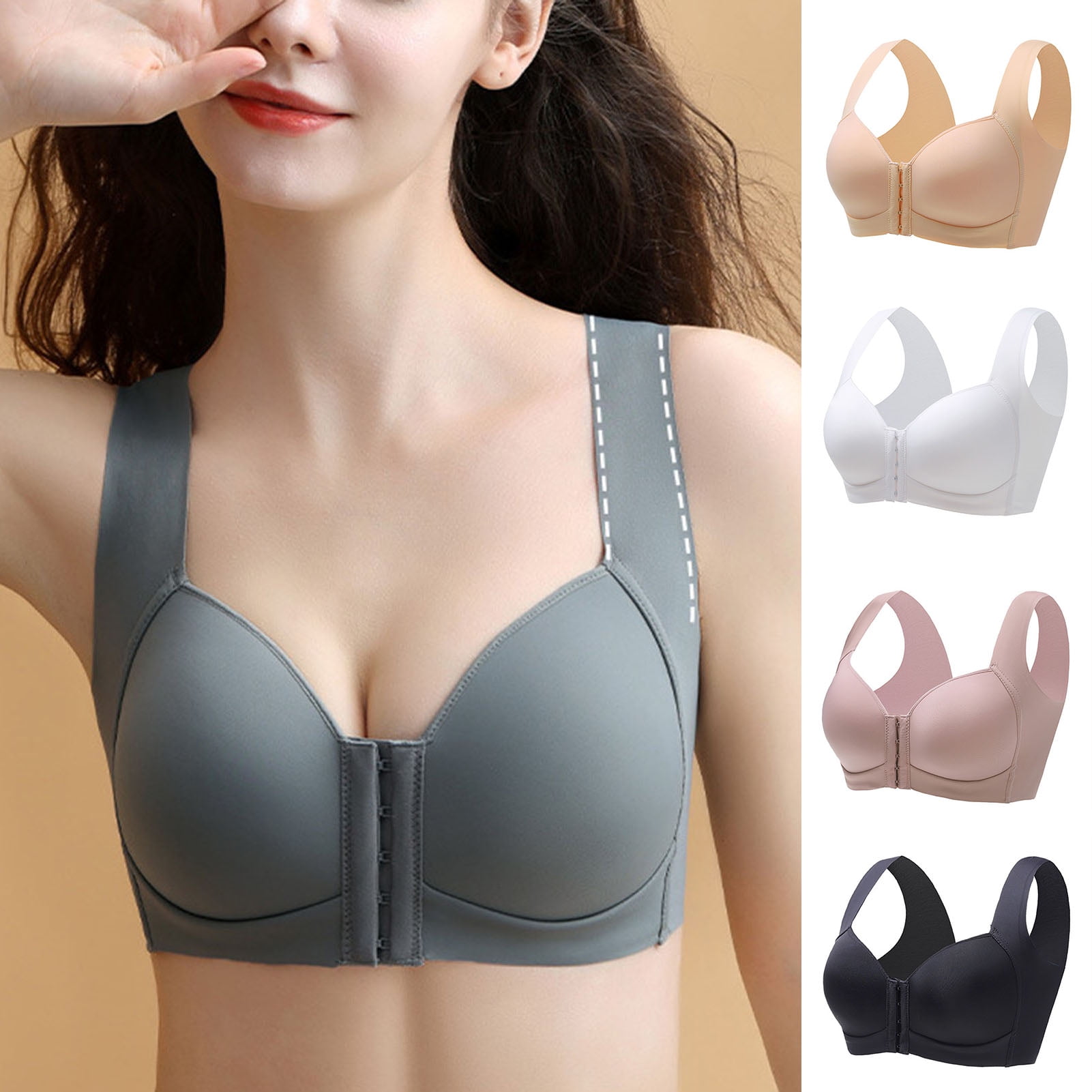 harmtty Wide Shoulder Straps Women Bra U-Shaped Back Wire Free Front  Closure Full Cup Sexy Bra for Daily Wear,Pink,42C 